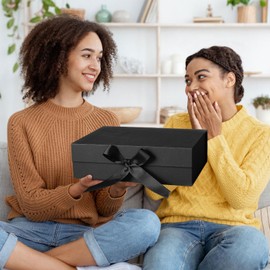 Gift Box with Lid, Collapsible Bridesmaid Magnetic Closure Proposal Box with Satin Ribbons, Sturdy Storage Box for Birthdays, Weddings, Christmas(Black, 24.1 x 17.8 x 7.7cm, 9.5 x 7 x 3 inchs)