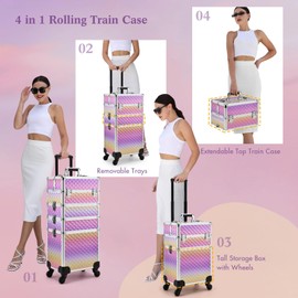 Yueieoun Makeup Case on Wheels, Rolling Train Case, 4-in-1 Makeup Trolley, Cosmetic Cases Makeup Travel Cart with Key for MUA, Hairstylists, Nail Tech, Gradient Purpple
