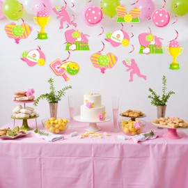 Pickleball Hanging Swirls 24pcs Pink Pickleballs Party Decorations for Girl Funny Pickle Ball Ceiling Streamers Hanging Decors Pickleball Player Sports Game Birthday Baby Shower Party Supplies