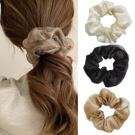 HAPVITAL Chiffon Scrunchie Set - Fashionable Adult Hair Rope Elastic Hair Tie - Large Solid Plain Elegant Satin Simple Hair Accessories (Set of 3)