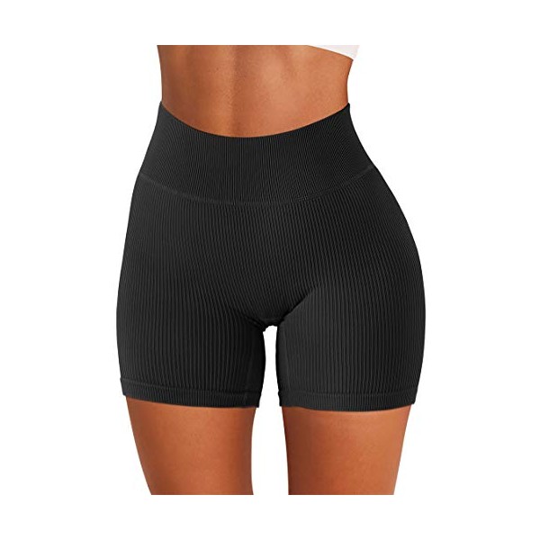 SUUKSESS Women Ribbed Biker Shorts Seamless High Waisted Workout Short Leggings (Black, L)