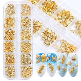 3D Metal Nail Decals - 12 Shapes, Holographic Glitters & Sequins Gold Art Supplies Kit - Seahorse, Leaf, Starfish Nails Charms & Sparkles for Acrylic Designs