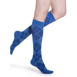 Sigvaris Women’s Style Microfiber Patterns 830 Closed Toe Calf-High Socks 20-30mmHg - Royal Blue Argyle - Large Short
