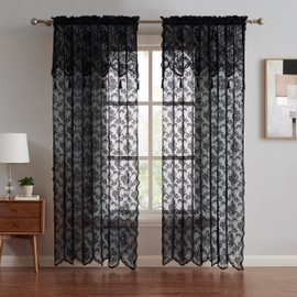 Warm Home Designs Pair of Black Lace Curtains with Attached Valance and 6 Tassels Per Panel. Sheer Black Curtains 96 Inches Long. Luxury Living Room Curtains or Dining Room Curtains. MC Black 96"