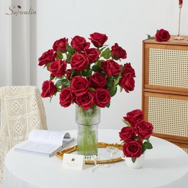 Serwalin 𝟯𝟬𝗣𝗖𝗦 Red Roses Artificial Flowers, Realistic Red Roses Bouquet with Long Stems Fake Silk Roses Flowers for Wedding Centerpieces Bridal Bouquet Christmas Day Party Home Decor