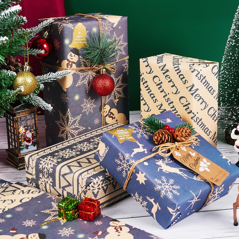 Christmas Wrapping Paper, 8 Sheets Christmas Paper Set with Stickers