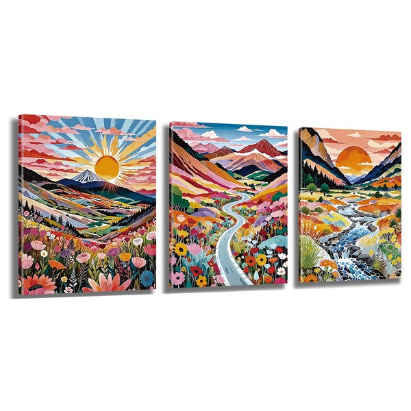 Framed Boho Mountain Landscape Wall Art, Set of 3 Nature