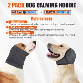 SlowTon Quiet Ears Dog Hoodie - 2 Pcs Ear Wrap Dog Ear Muffs Noise Protection, Anxiety Relief Dogs Hat Calming Hood Head Cover, Pet Headband Dogs Ear Protector for Grooming, Force Drying (Grey,L)