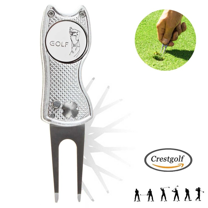 CRESTGOLF Switchblade Golf Divot Tool Golf Green Repair Pitch Fork(silver)