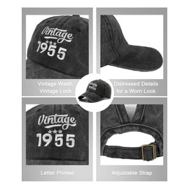 Joligiao 100% Cotton Baseball Cap for Unisex Vintage Summer Lightweight Cap Adjustable Sun Hat 1945/1955/1965/1975/1985/1995 Birthday Gifts for Men/Women(Black-70th)