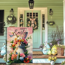 Happy Easter Bunny Garden Flag Rabbit Colorful Flowers Butterfly Garden Flag for Outside, 12x18 Inch Double Sided Burlap, Lawn Yard Flag Outdoor Decorations（Only Garden Flag）