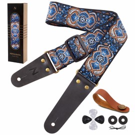 Nefelibata Guitar Strap, Vintage Embroidered Cotton Guitar Straps with Genuine Leather Ends for Bass, Electric & Acoustic Guitars, Come with Free Strap Button, 1 Pair Strap Locks and 4 Guitar Picks
