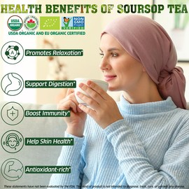 USDA Organic Soursop Leaves Tea Bags, 100% ORGANIC and Pure Soursop Graviola Leaves - Hojas De Guanabana Tea - Non-GMO - Caffeine-free - Improve Digestion, Support Healthy Skin & Sleep, Eco-Conscious Corn Fiber Tea Bags. Organic Graviola Tea