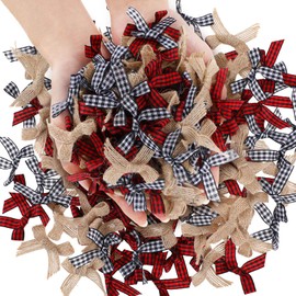 Syhood 120 Pieces Christmas Mini Plaid Ribbon Bows - Natural Burlap and Checkered Black White Red Buffalo Plaid for Christmas Tree, DIY Crafts, Home Decoration