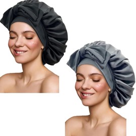 2 Pcs Gorro de Dormir de Satén,Gorro de Dormir de Seda Suave,Adecuado para Cabello Rizado,Liso,Largo y Corto,Transpirable,Diadema Ancha Ajustable,Negro+Gris