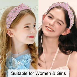AMCAMI Knotted Pink Rhinestone Headband Kids Girl Cute Headbands for Women Girls Teacher Knot Beaded Crystal Headband Dressy Jeweled Headbands Hair Accessories for Women Girls