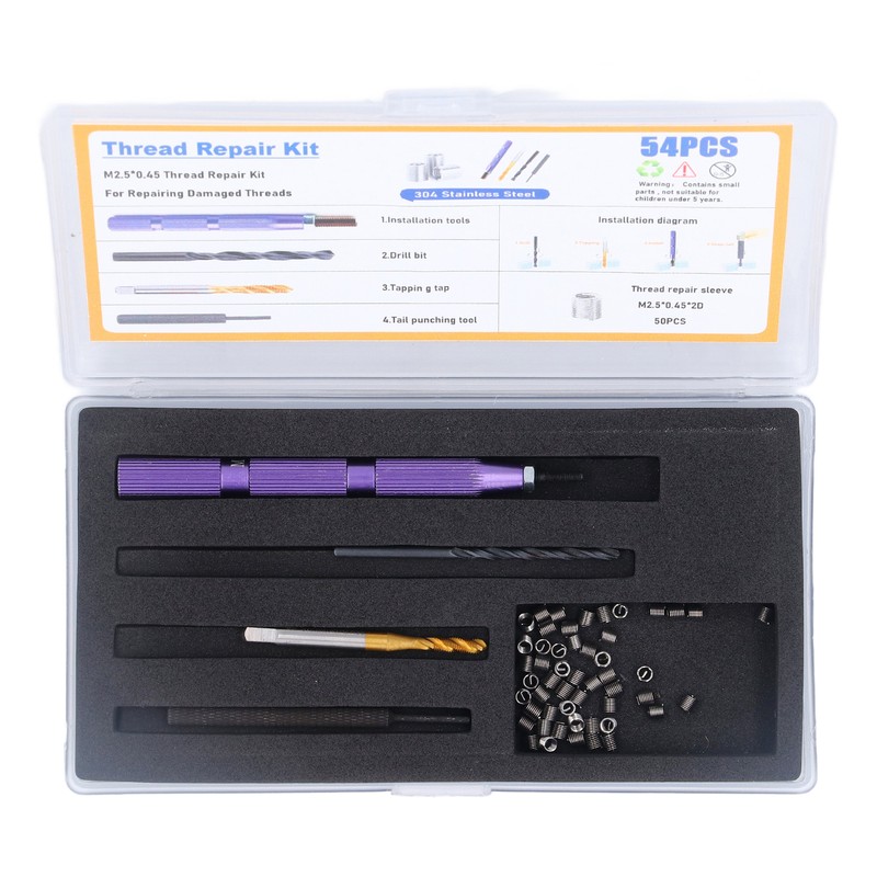 54 Pieces Metric Thread Repair Set M2.5x0.45x2D Stainless Steel Thread
