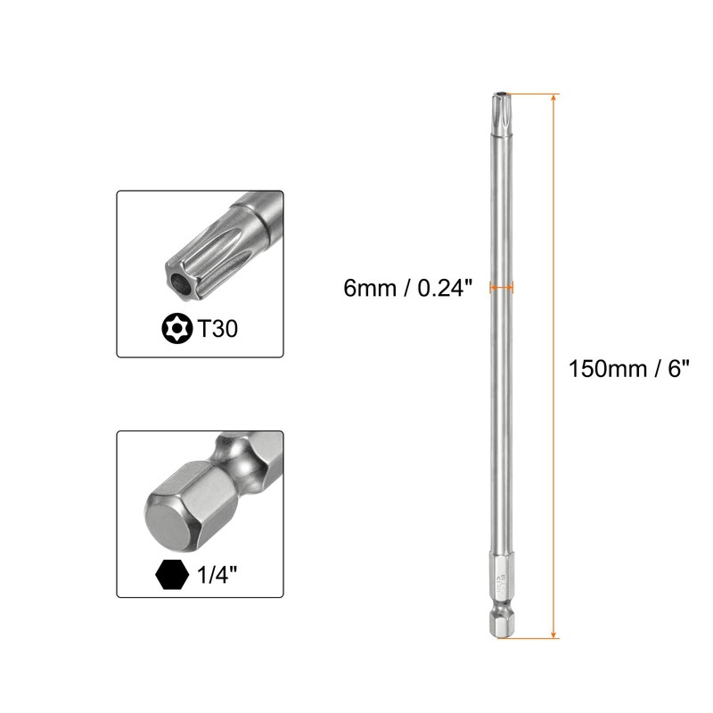 HARFINGTON 5pcs T30 Security Torx Bit 1/4" Hex Shank 6"