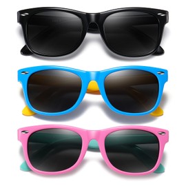 DYLB Kids Polarized Sunglasses for girls boys 3 Pack, Flexible TPEE Rubber Frame for Children Age 3-9 (Black +Pink Green +Blue Yellow)