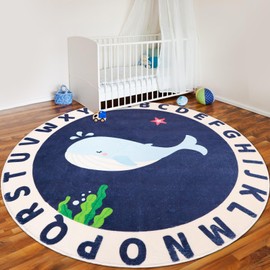 LTKOUGFAM Round Kids Rug for Playroom,5.2ft ABC Alphabet Whale Kids Rug,Non-Slip Kids Rug Play Mat,Washable Educational Classroom Rug Kids Area Carpet for Kids Room Bedroom Nursery Playroom Decor
