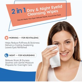 ProCIV Toallitas para párpados de día y de noche para ojos secos y alivio de la blefaritis: revitalizantes por la mañana y calmantes por la noche, limpiador de párpados y pestañas de doble uso para oj
