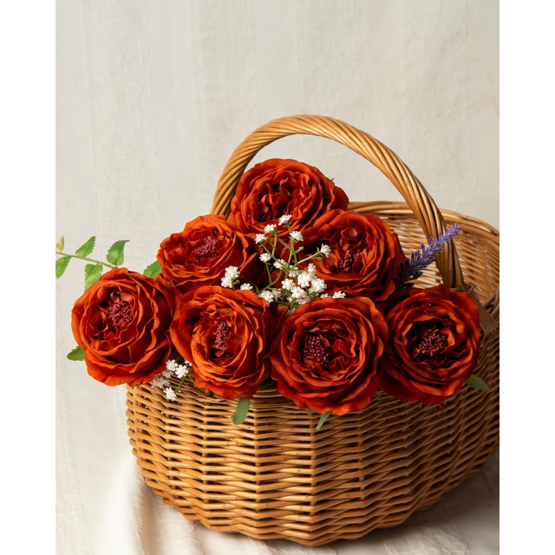 DuHouse 5Pcs Silk Roses Fake Burnt Orange Roses with Stems