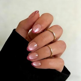 Uñas postizas cortas con punta francesa ovalada y pegamento, uñas postizas estilo ojo de gato nude en 12 tamaños, kit de 24 uñas postizas de gel suave