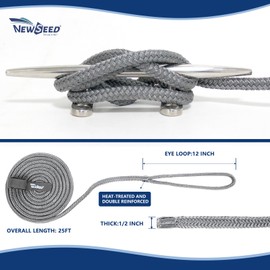 MALZE-NEWSEED Dock Lines 2 Pack 1/2" x 25' Double Braided Nylon Boat Rope with 12" Eyelets, Marine Grade Premium Mooring Lines for Docking, Grey