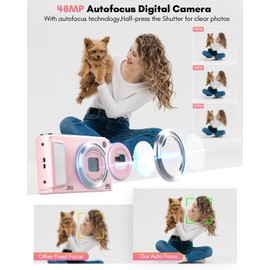 Digital Camera, 4K Autofocus Vlogging Camera with 32GB Card,48MP Point and Shoot Digital Camera with Front and Rear Camera,16X Zoom Protable Compact Camera for Teens Adult Beginner(Pink)