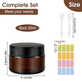 Amber Glass Jars, 6 Pack Empty Cosmetic Jars with Lids,Travel Pots with Spatula and Labels for Toiletries, Cosmetics,Powder,Lotion,Creams (30ml)
