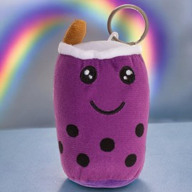 MIJOMA Plush Pendant Fast Food Design Metal Key Ring 10 cm Kawaii Faces 100% Polyester Soft Padded, Bubble Tea