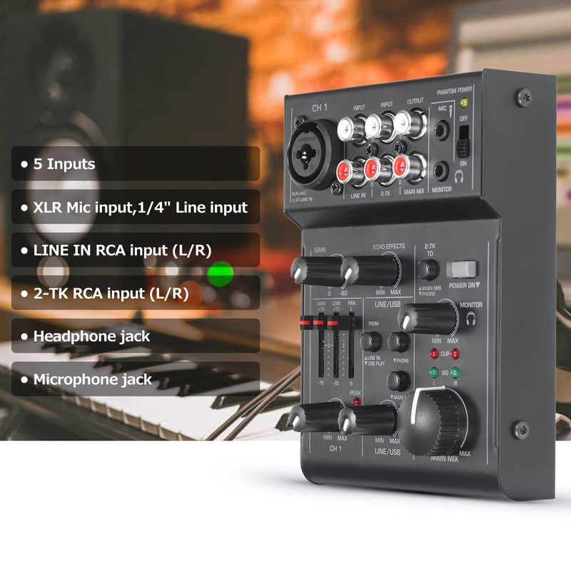 RUSUO Audio Mixer, 5 Channel Compact Audio Mixer Sound Mixing