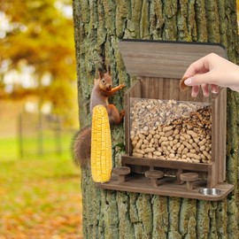 JAZUIHA Wooden Squirrel Feeder, Squirrel House Weatherproof for Outdoor Use, Chipmunk Feeding Station with Picnic Table, Water Bowl and Corn Holder