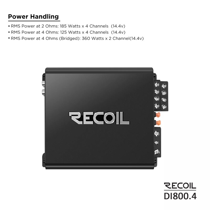 Recoil DI800.4 Full-Range Class-D 4-Channel Car Audio Amplifier, 1,500 Watts
