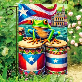 Blissyard Puerto Rico Garden Flag Cute Flags Funny Flag Colorful Coqui Frog With Drums And Flag Design 12x18 Inch Double-Sided Outdoor Decoration For Yard Lawn Patio
