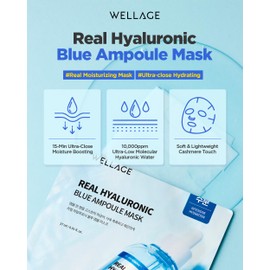 WELLAGE Real Hyaluronic Blue Ampoule Face Mask - Korean Hydratig Mask Moisture Boost with 10,000ppm Ultra-Low Molecular Hyaluronic Acid - Soft Vegan Cashmere Sheet for Sensitive Skin, 5 Sheets