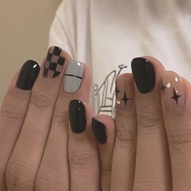 Vezocim Press on Nails Square Short 24Pcs Black Press on Nails Coffin with Plaids Stars Designs Glossy Full Cover Acrylic Short False Nails Glue Fingernails Artificial Fake Nails for Women Girls