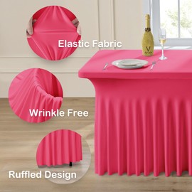 2pk Hot Pink Spandex Tablecloths 6ft for Rectangle Tables, Wrinkle Free Classy Table Skirt Stretchy Fitted Table Cloths Covers 6 Foot for Weddings Birthday Party Events Banquette Baby Shower