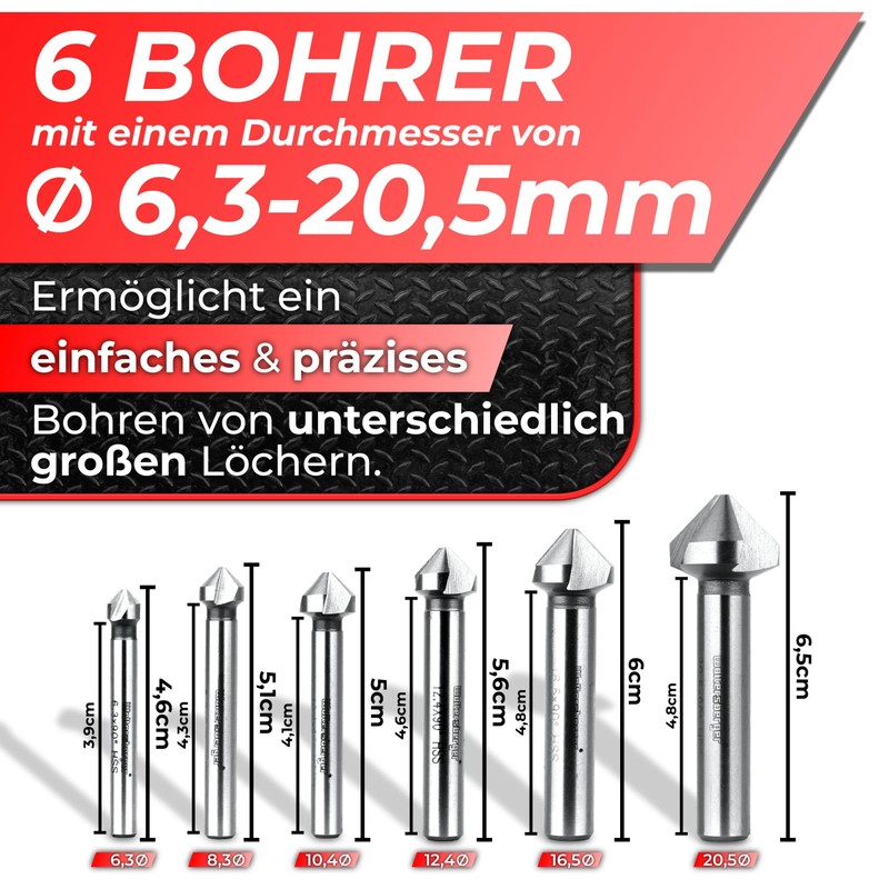 Woltersberger® 6-Piece TiN Coated Countersink Set 90° Diameter 6.3-20.5 mm