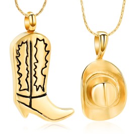constantlife 2 Pack Cremation Jewelry for Ashes Stainless Steel Cowboy Boot & Hat Urn Necklace Keepsake Memorial Pendant for Women Men (Golden)
