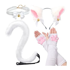 Cat Paw Cosplay Set, Cat Paw Gloves Mittens with Cat Ears Mask Cute Cat Paw Toe Beans Stockings Set for Women Girls White Cat Cosplay