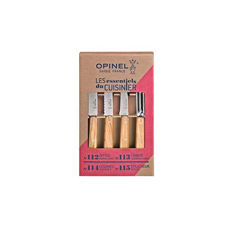 Opinel 254458 Essentials Küchenmesser Set-4 teilig-rostfreier Sandvik Stahl-Olivenholz Griffe, Mehrfarbig