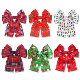 6PCS Christmas Hair Bows for Women, Christmas Bow Tree Snowflake Hair Clips Red Green Plaid Hair Ribbon Barrettes Holiday Cheer Bow Christmas Outfit Accessories Gifts (Pattern B)