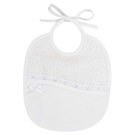 Filet - Newborn Bib Made of Soft Terry Cotton in White | Embroidered Aida Fabric Pocket | Lace Details with Tangallo | Made in Italy
