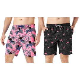 TEX2FIT 2-Pack Men's Swim Shorts with Pockets, Quick Dry Swim Trunks with Mesh Lining (Flamingoes/Pink Coconuts, Medium)