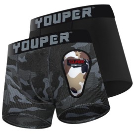 Youper 2 Pack Youth Brief with Soft Protective Athletic Cup, Youth Compression Underwear for Baseball & Football (X-Small, Black & Camo)