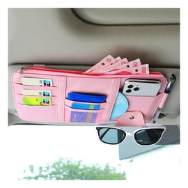 Augeny - Organizador de visera para coche, bolsa de almacenamiento de piel con cierre, bolsa de almacenamiento para visera de coche, soporte para anteojos de sol, accesorios interiores de automóvil, organizadores de bolsillo (rosa)