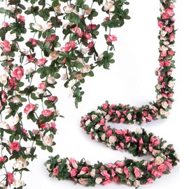 LaresDay Pack of 2 Rose Petal Garlands, 2.4 Metres with 45 Flowers, Artificial Silk Flowers, Hanging for Wedding Arch, Garden Decoration, Balcony, Living Room, Wall Design, Office Decor (Pink)