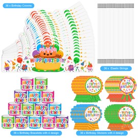 Officygnet 108 Pcs Birthday Crowns Party Hats for Kids Classroom, Include Happy Birthday Badge Stickers, Paper Party Hats with Elastic Band and Slap Bracelet, Preschool Kindergarten School Supplies