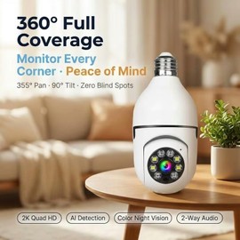 Hawkray 2PS 2K 3MP Light Bulb Security Camera Wireless Outdoor/Indoor - Dual Band 5G & 2.4GHz WiFi,355° Pan-Tilt,Motion Detection,Color Night Vision,Two-Way Audio,Alarm Notification,Easy Installation